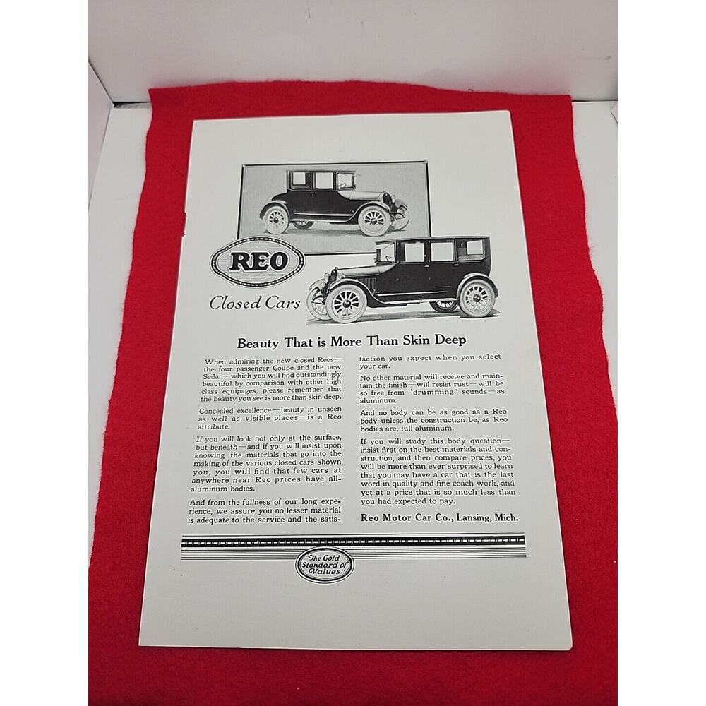 1922 Reo Closed Cars: Beauty More Than Skin Deep Vintage Print Ad Ephemera